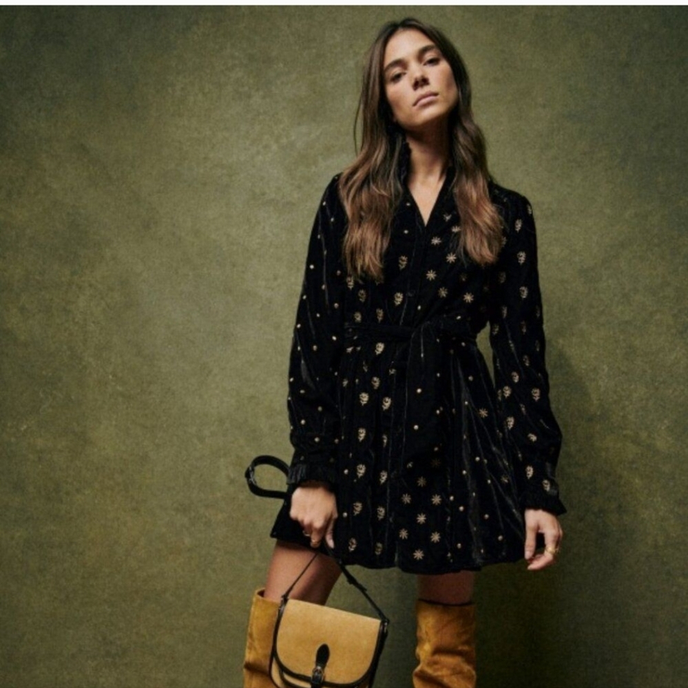 Sezane Black Velvet Dress with Gold Accents - Picture 4 of 8